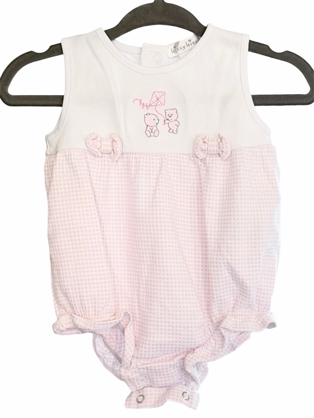 Kissy Kissy Pima Cotton Beary Nice Kites Pink Bubble Romper, Gingham Bows Bears